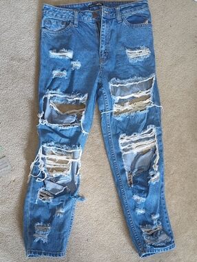 Fashion Nova Light Wash Blue Jeans with Orange Stitching